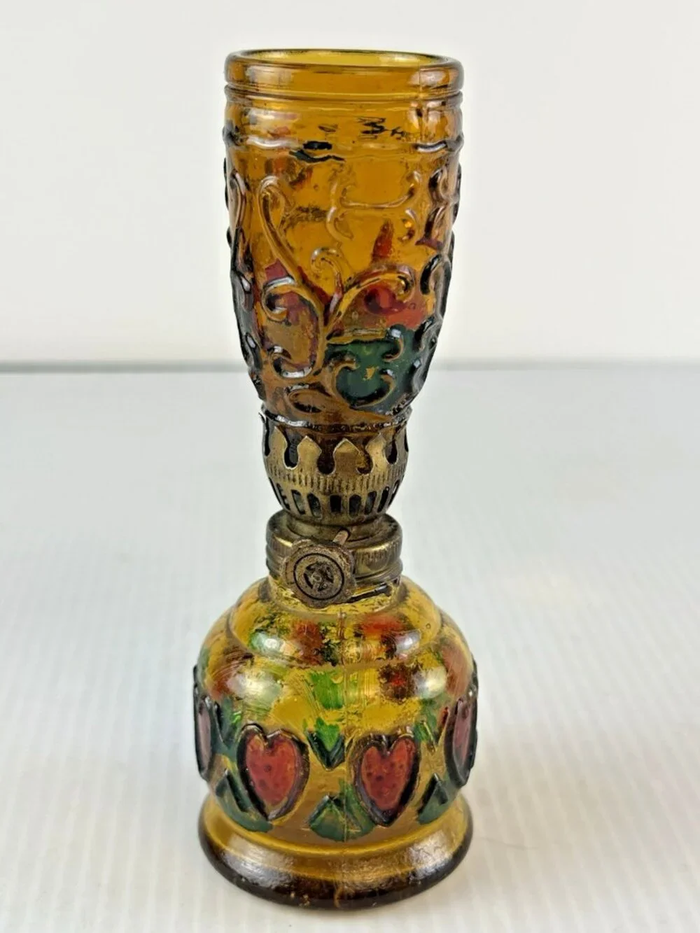 2 Vtg Multi Color Heart Stained Glass Style Oil Lamps Hong Kong 5.25